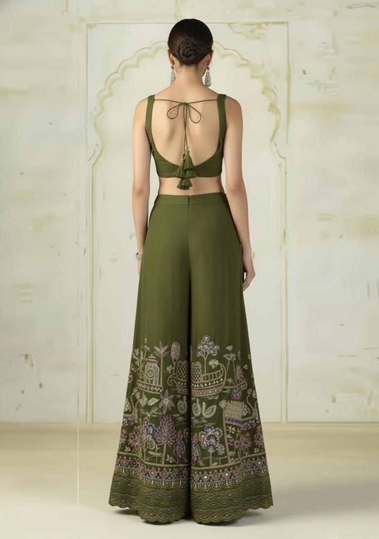 Olive Green Embroidered Tissue Fusion Set - Indya