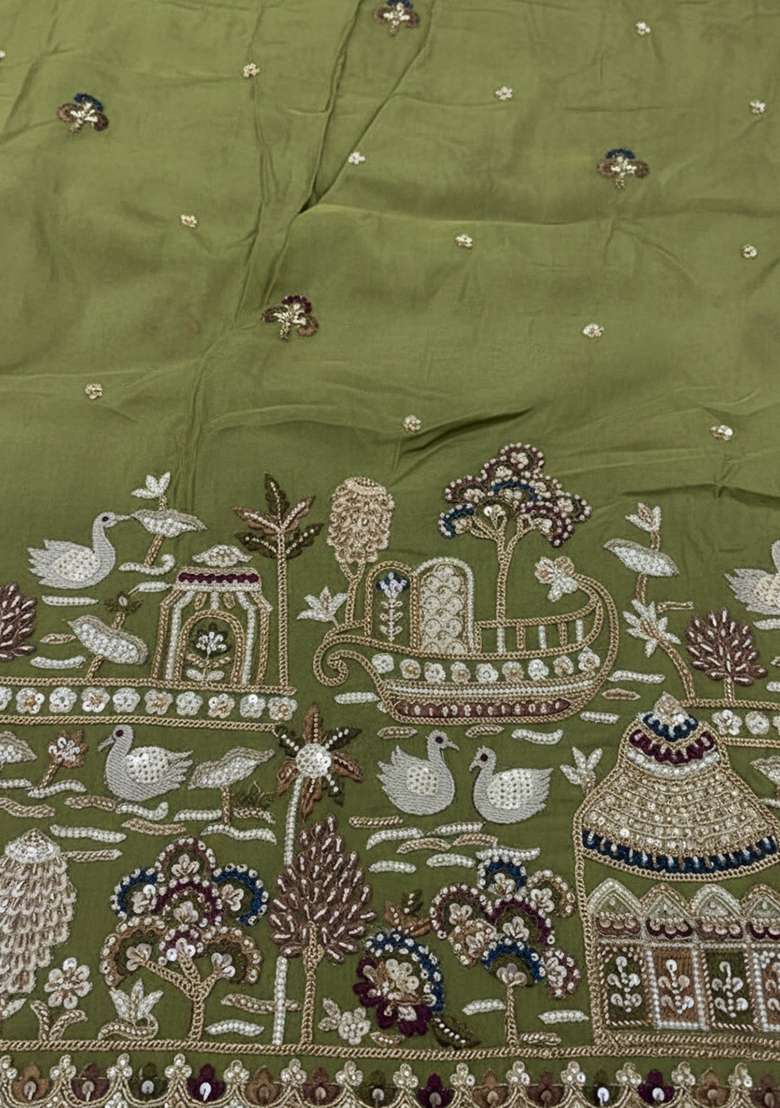 Olive Green Embroidered Tissue Fusion Set - Indya