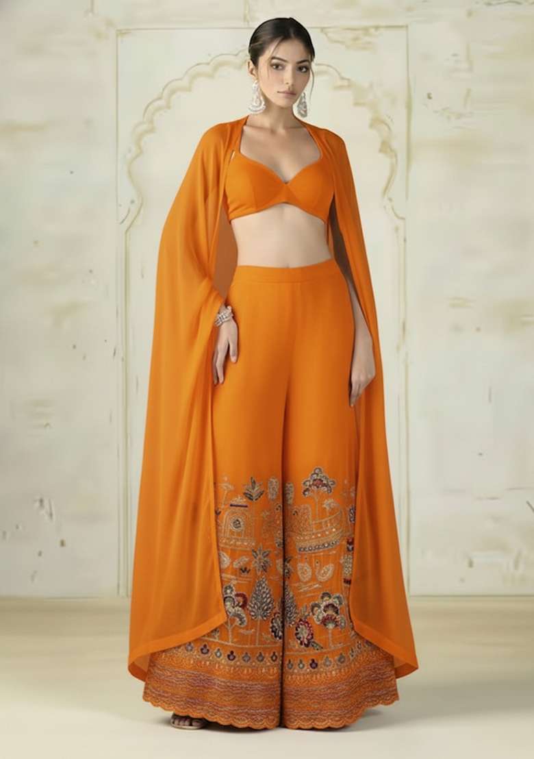 Orange Embroidered Tissue Fusion Set - Indya