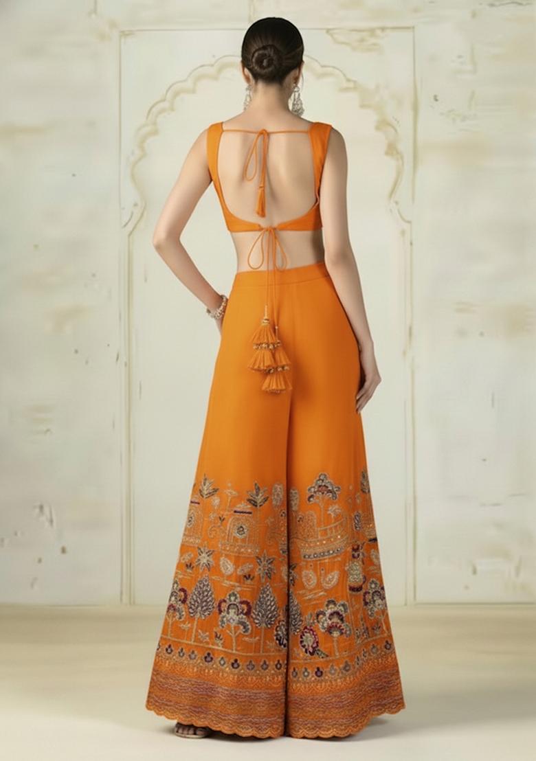 Orange Embroidered Tissue Fusion Set - Indya