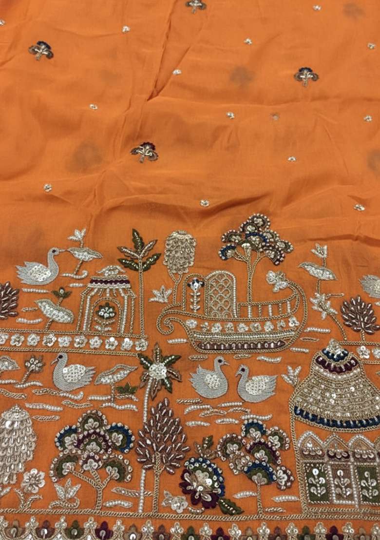 Orange Embroidered Tissue Fusion Set - Indya
