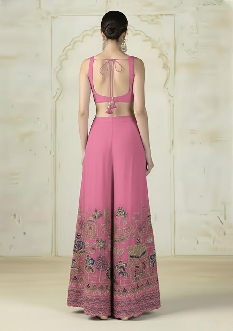 Pink Embroidered Tissue Fusion Set - Indya