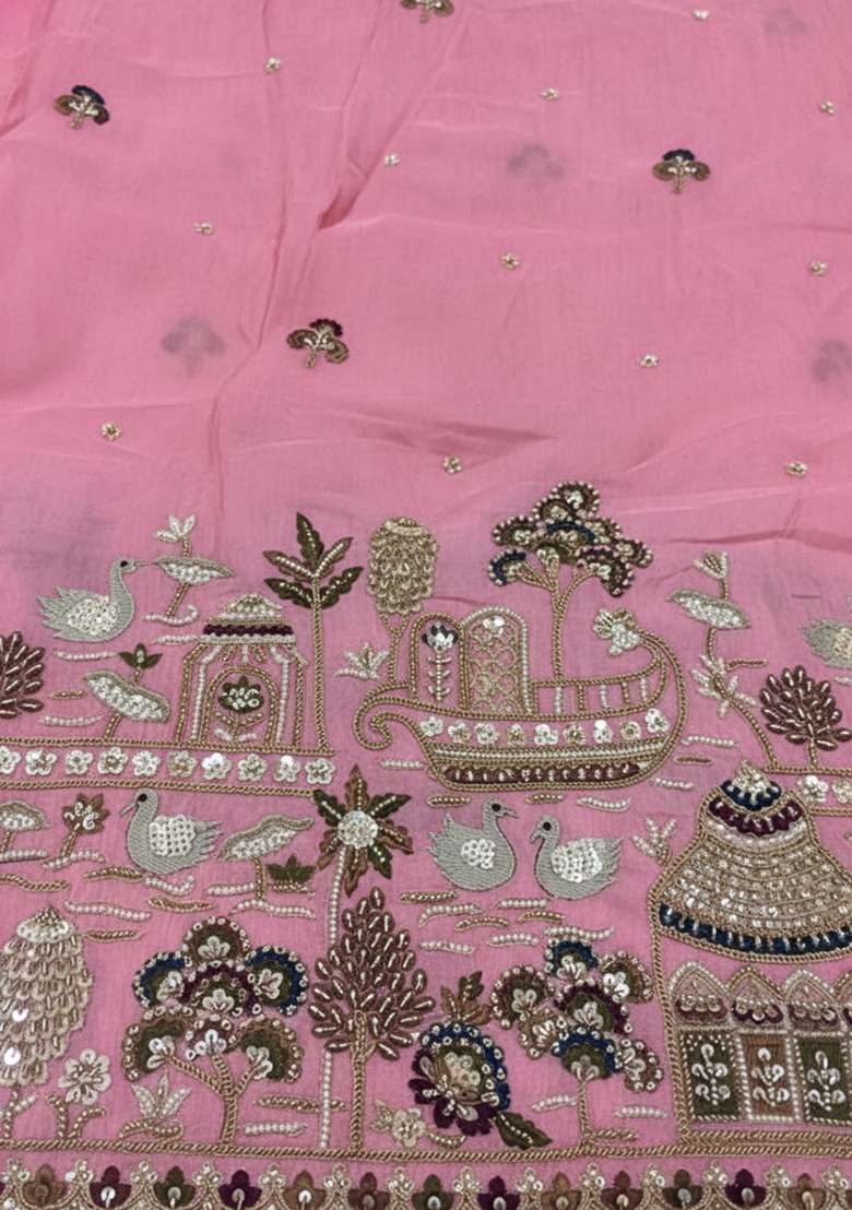 Pink Embroidered Tissue Fusion Set - Indya