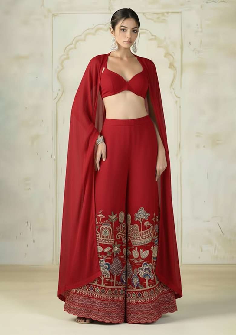 Red Embroidered Tissue Fusion Set - Indya