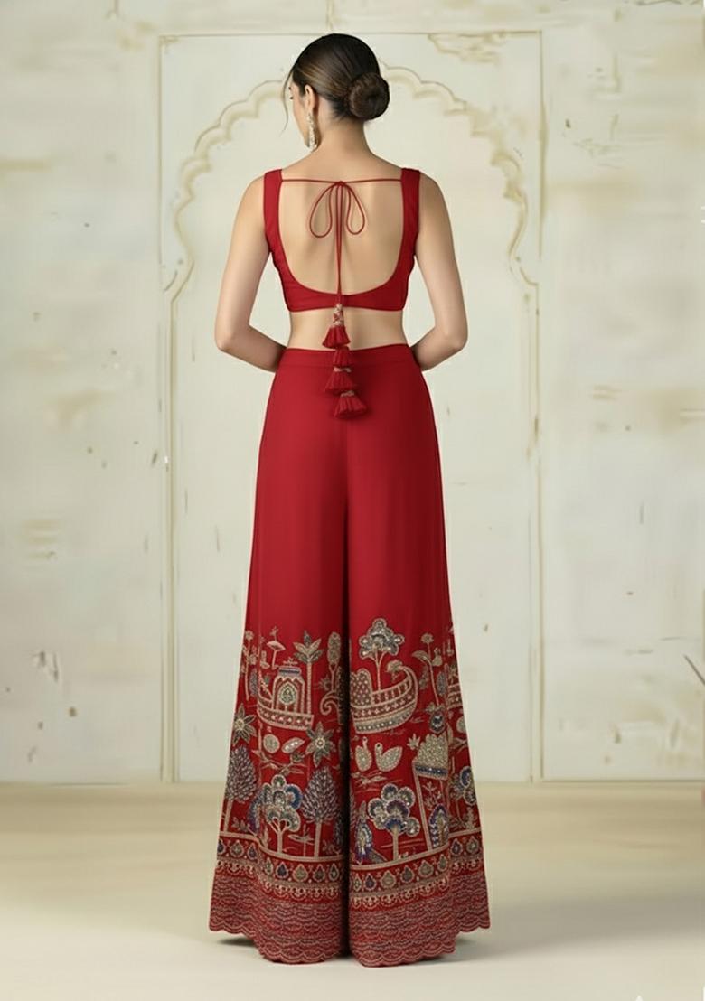 Red Embroidered Tissue Fusion Set - Indya