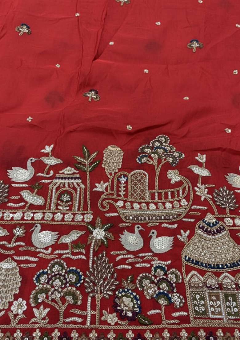 Red Embroidered Tissue Fusion Set - Indya
