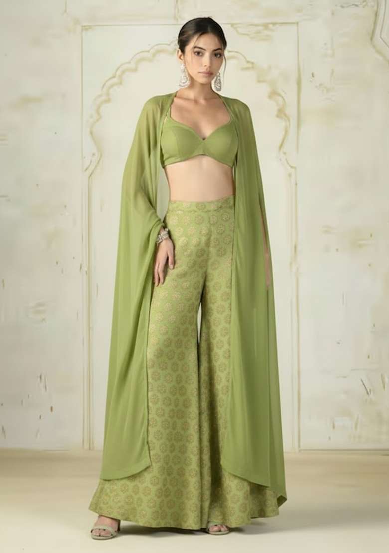 Olive Green Brocade Fusion Set for Diwali | Wedding & Festive Wear - Indya