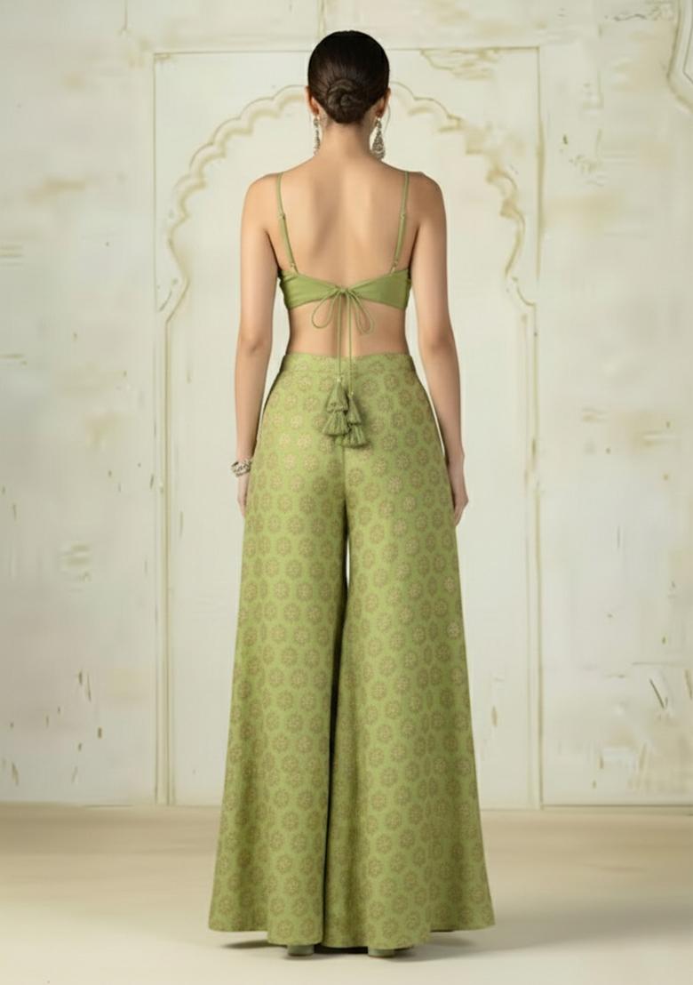 Olive Green Brocade Fusion Set - Indya