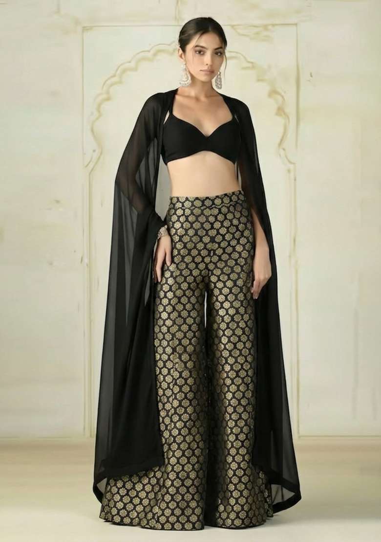 Black Brocade Fusion Set for Diwali | Wedding & Festive Wear - Indya