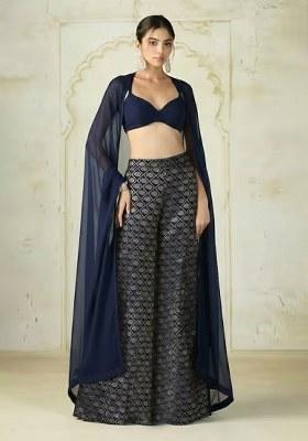 Navy Blue Brocade Fusion Set