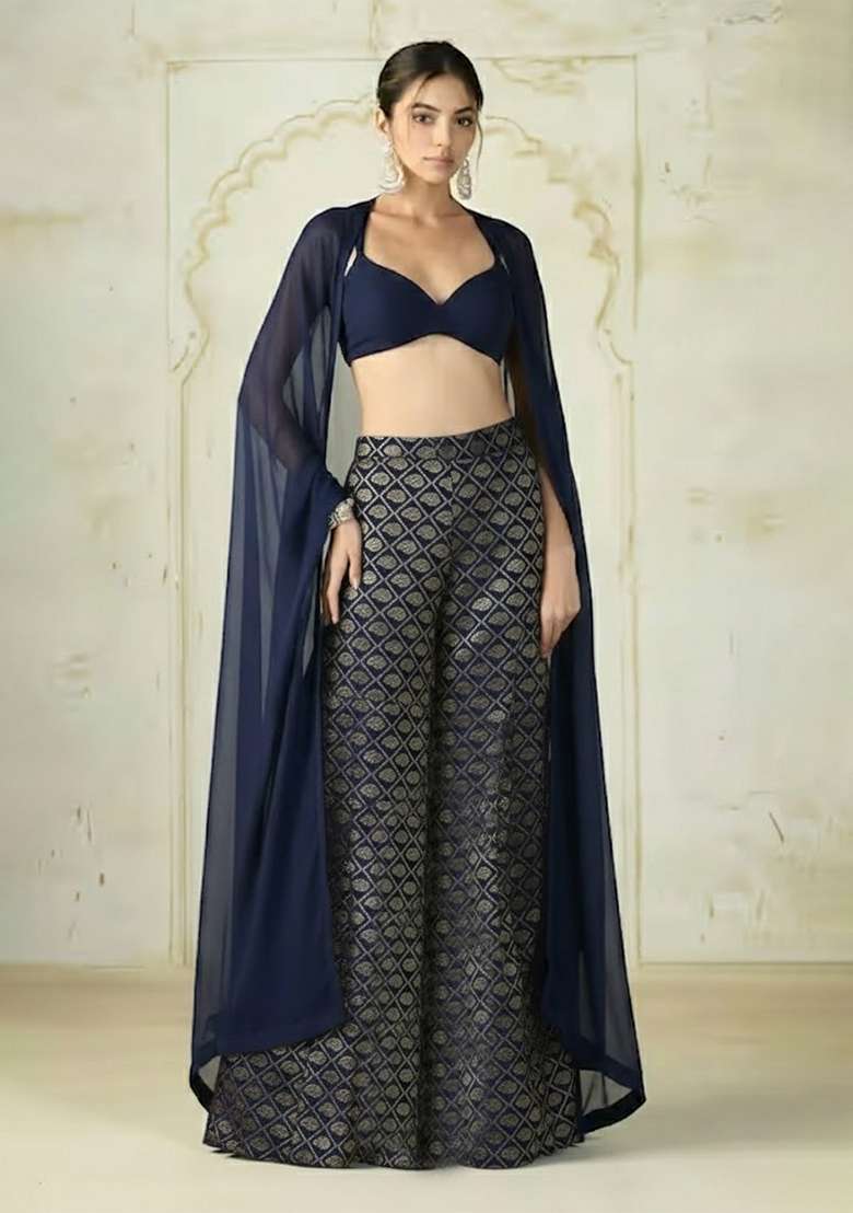 Navy Blue Brocade Fusion Set for Diwali | Wedding & Festive Wear - Indya