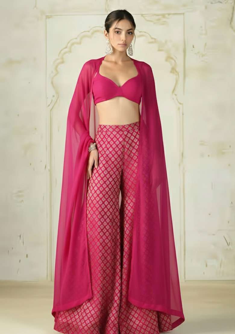 Pink Brocade Fusion Set for Diwali and Festive Wear - Indya