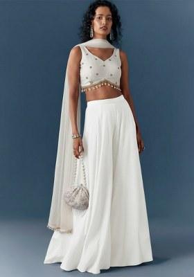 Off White Embroidery Crepe Fusion Set