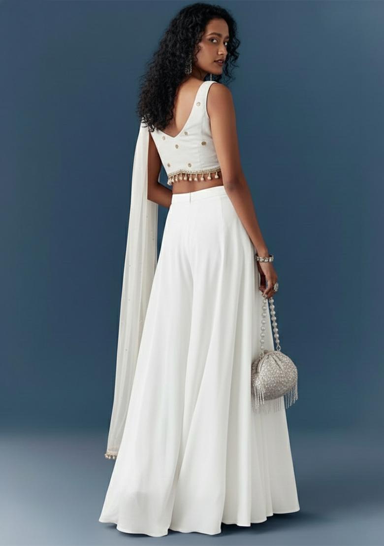 Off White Embroidery Crepe Fusion Set - Indya