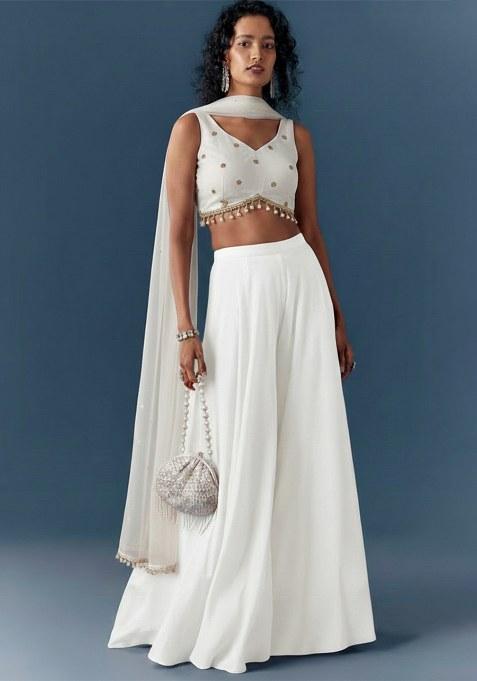 Off White Embroidery Crepe Fusion Set