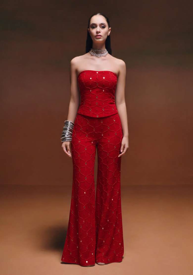 Red Embroidery Georgette Corset Blouse Fusion Set - Indya