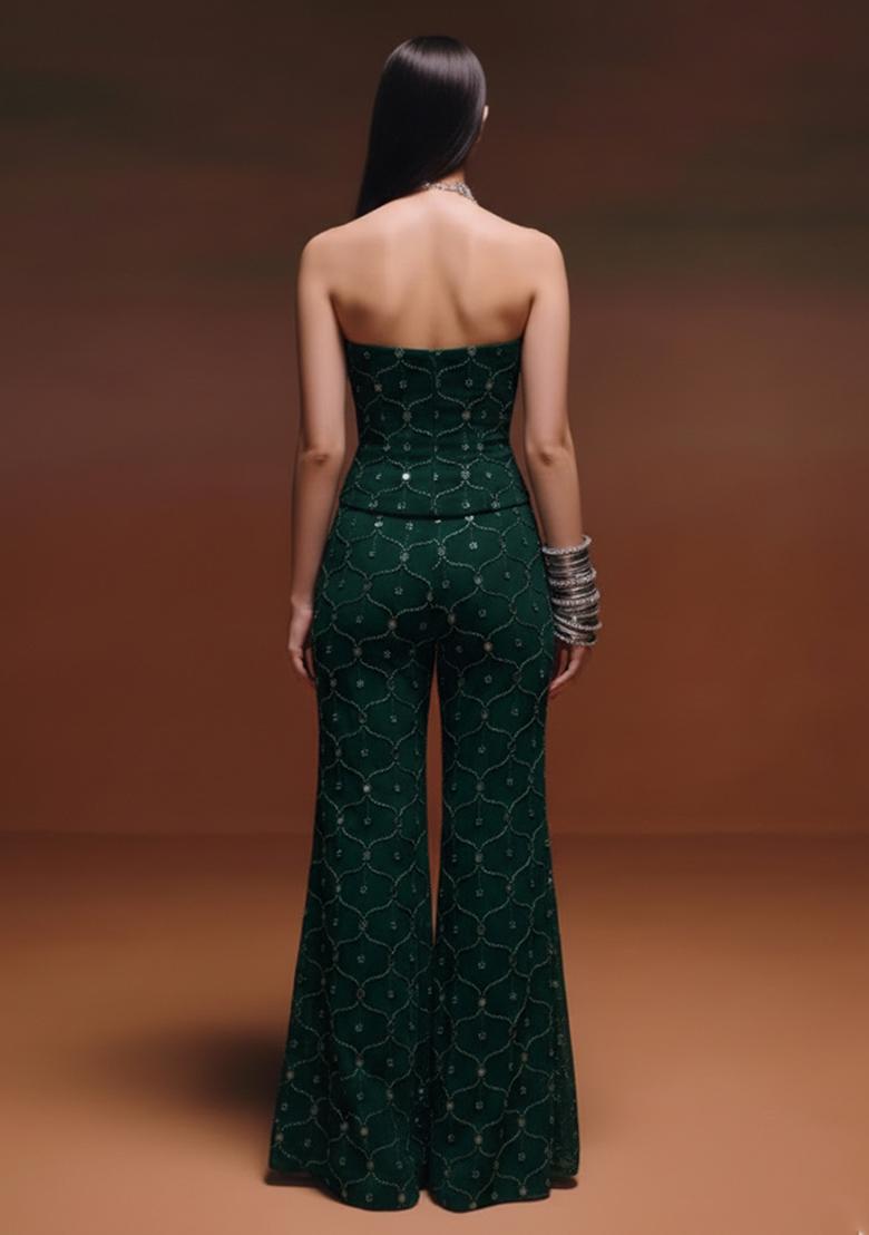 Dark Green Embroidery Georgette Fusion Set - Indya