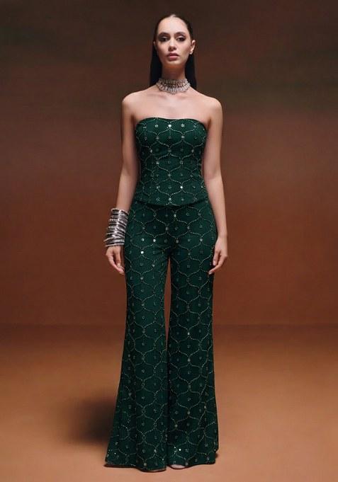 Dark Green Embroidery Georgette Fusion Set