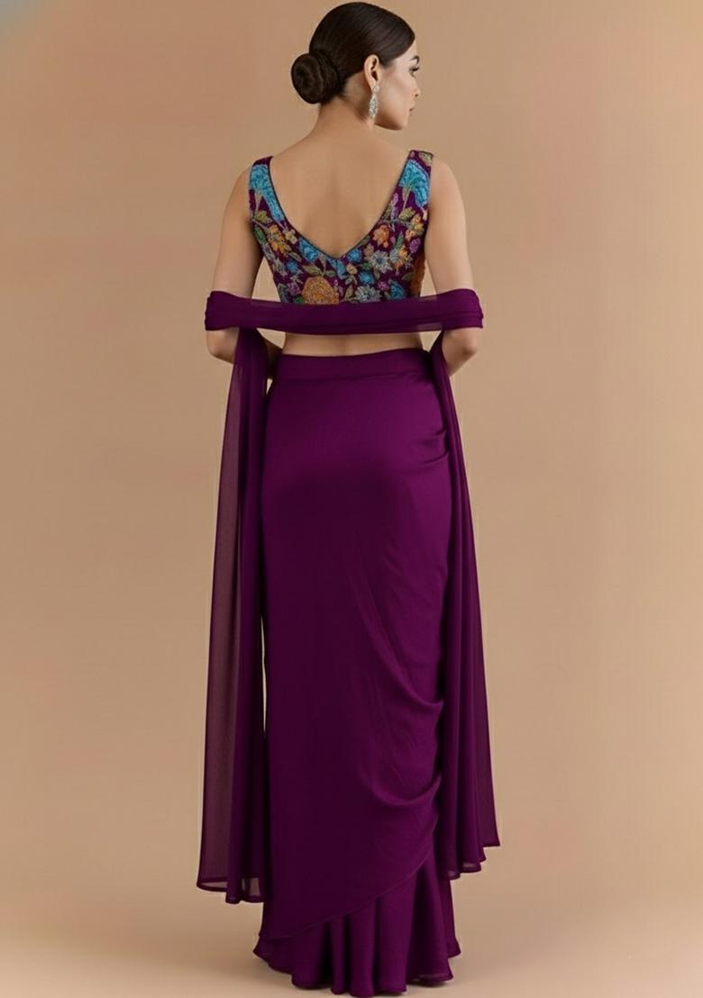 Purple Embroidered Crepe Fusion Set - Indya