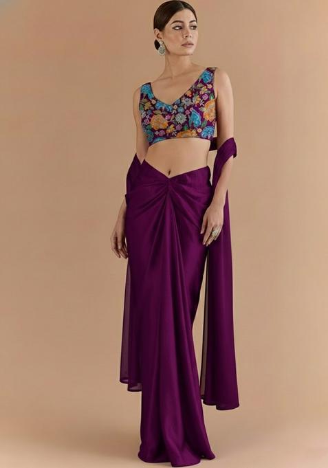 Purple Embroidered Crepe Fusion Set