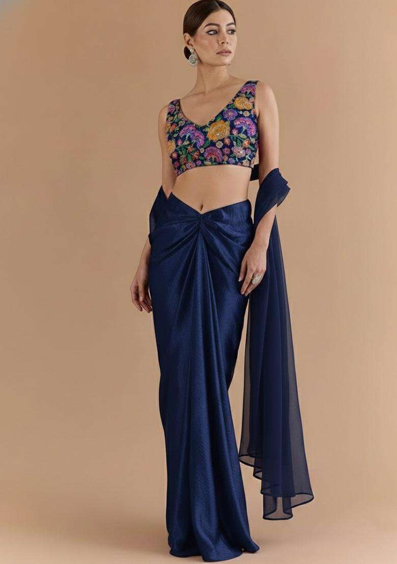 Navy Blue Embroidered Crepe Fusion Set - Indya