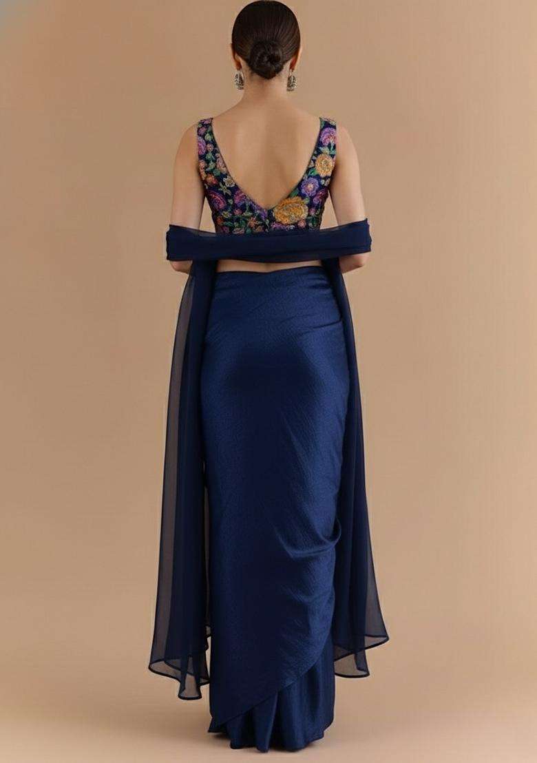 Navy Blue Embroidered Crepe Fusion Set - Indya