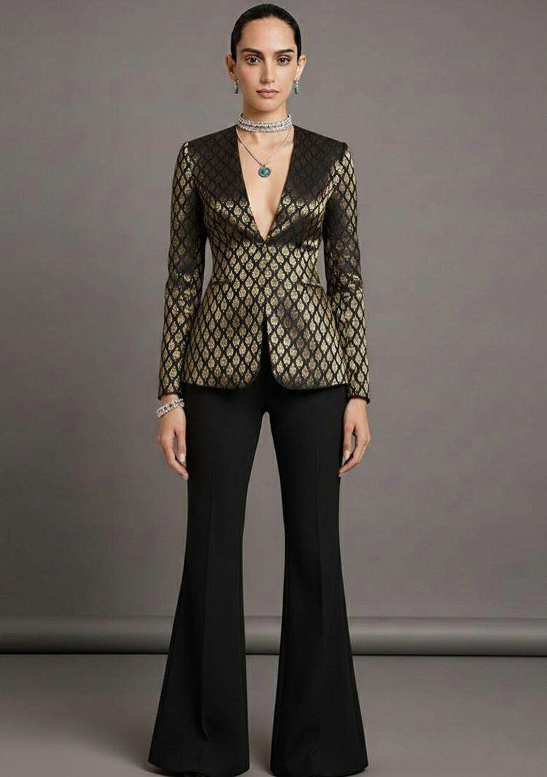 Black Brocade Fusion Set for Diwali and Festive Wear - Indya