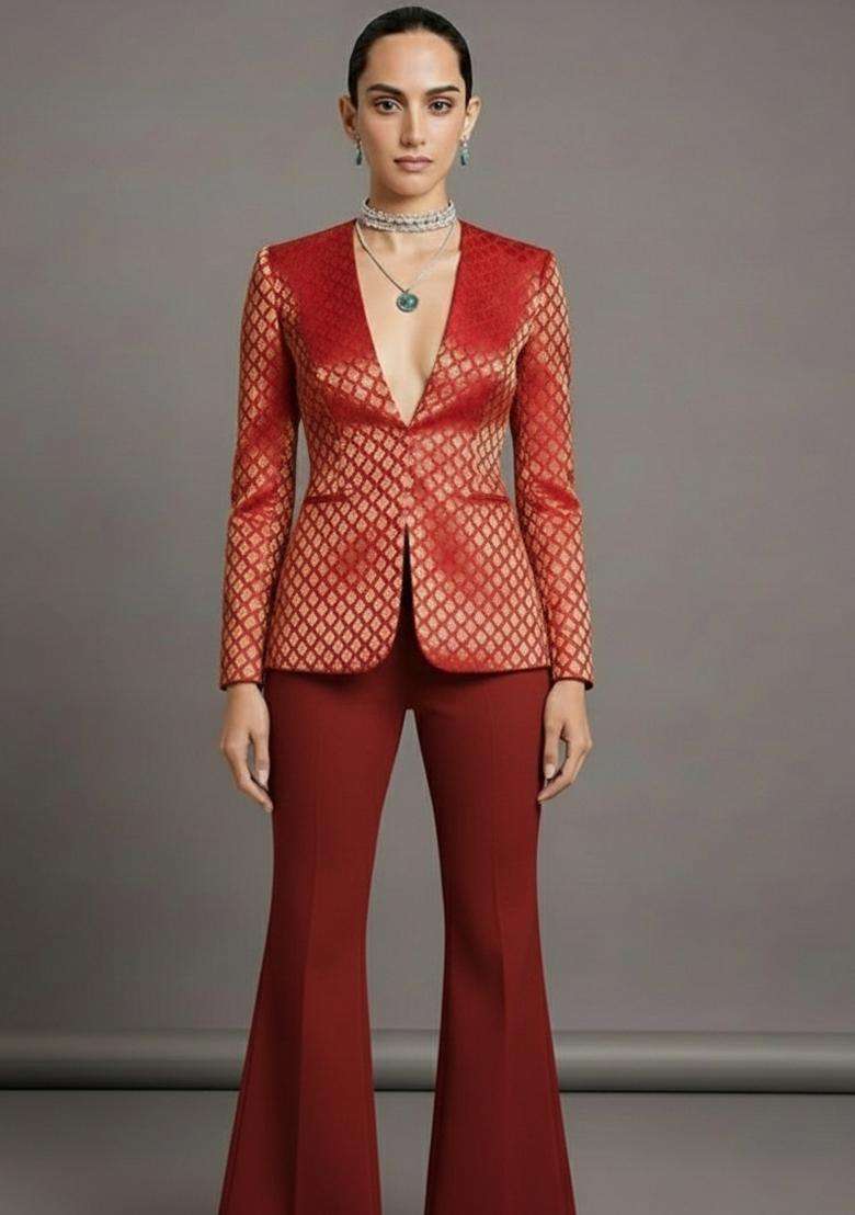 Red Brocade Fusion Set for Diwali | Wedding & Festive Wear - Indya