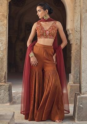 Brown Organza Fusion Set With Floral Printed Blouse