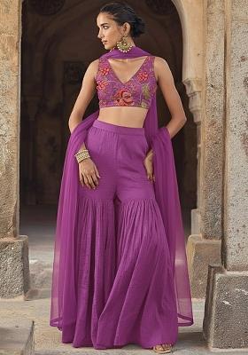 Purple Organza Fusion Set With Floral Printed Blouse