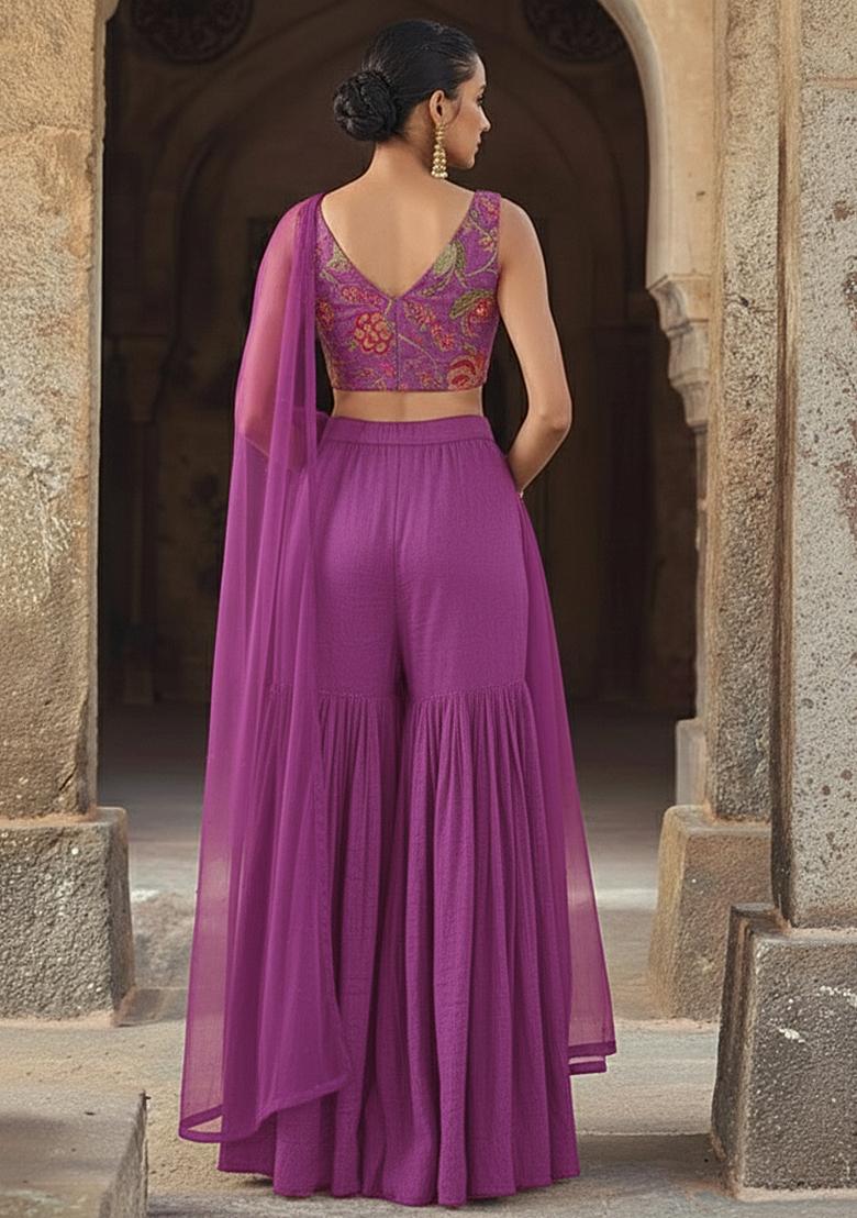 Purple Organza Fusion Set With Floral Printed Blouse - Indya