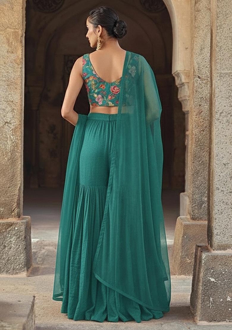 Emerald Green Organza Fusion Set With Embroidered Blouse - Indya