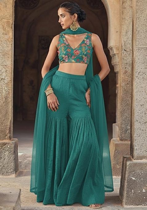 Emerald Green Organza Fusion Set With Embroidered Blouse