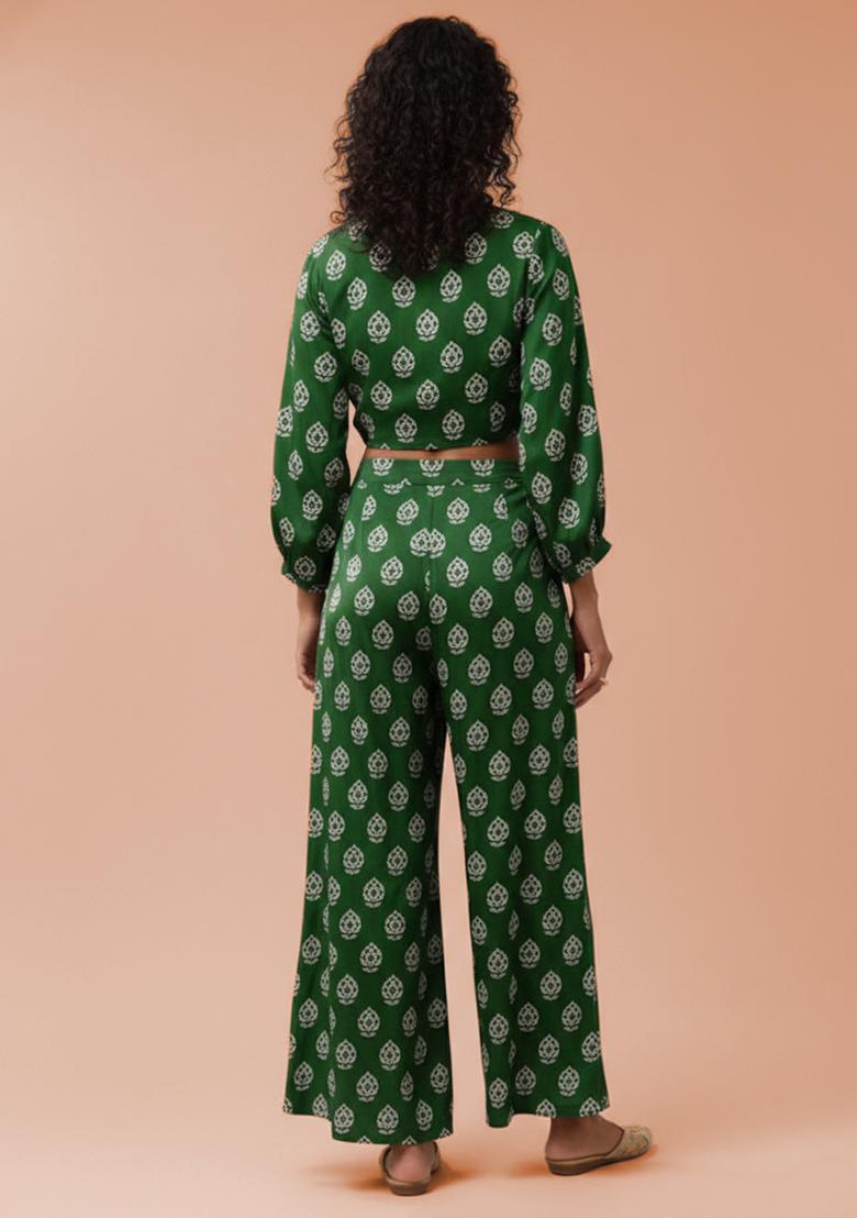 Green Poly Blend Printed Fusion Set - Indya