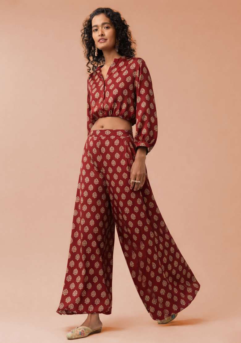 Wine Red Poly Blend Printed Fusion Set - Indya