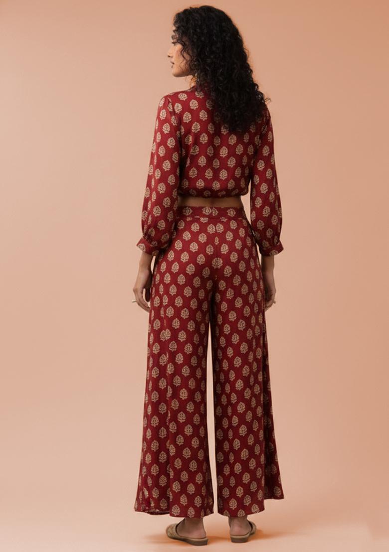 Wine Red Poly Blend Printed Fusion Set - Indya