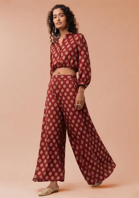 Wine Red Poly Blend Printed Fusion Set