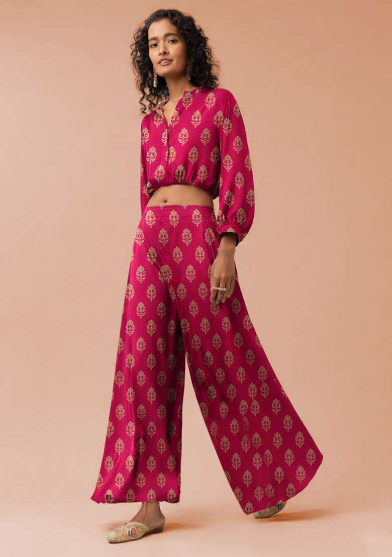 Pink Poly Blend Printed Fusion Set - Indya