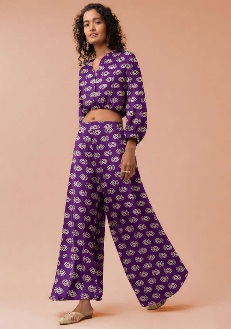 Deep Purple Poly Blend Printed Fusion Set - Indya