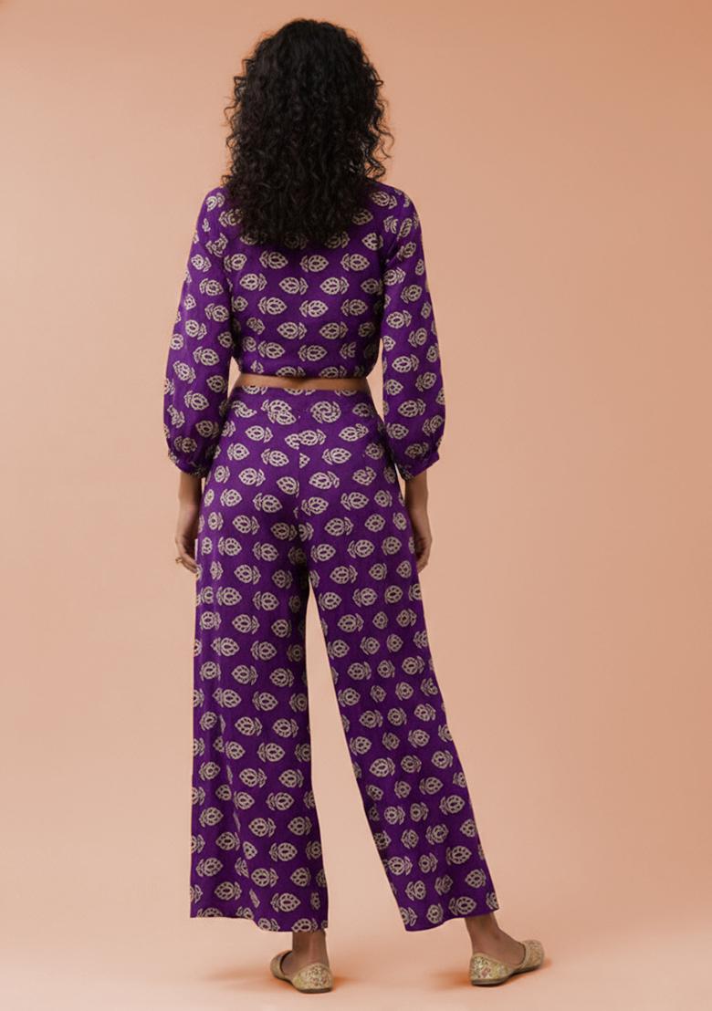 Deep Purple Poly Blend Printed Fusion Set - Indya