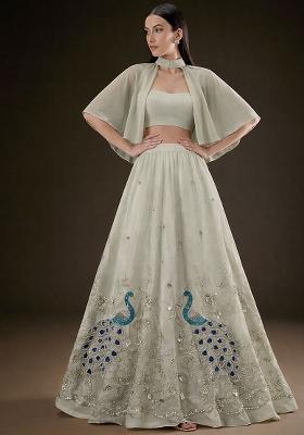 Off White Crepe Embroidered Lehenga Set