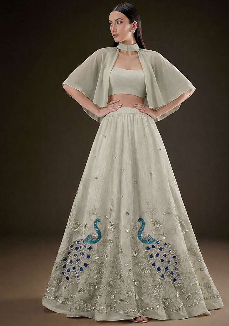 Off White Crepe Embroidered Lehenga Set - Indya