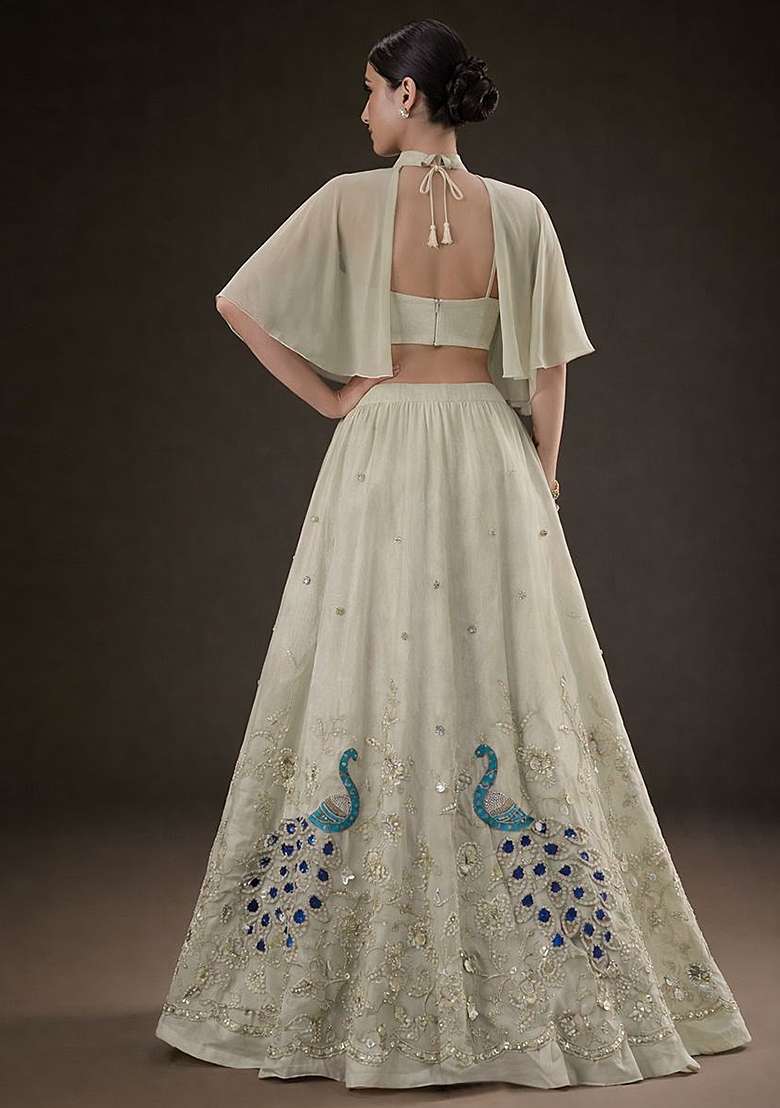 Off White Crepe Embroidered Lehenga Set - Indya
