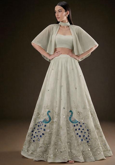 Off White Crepe Embroidered Lehenga Set