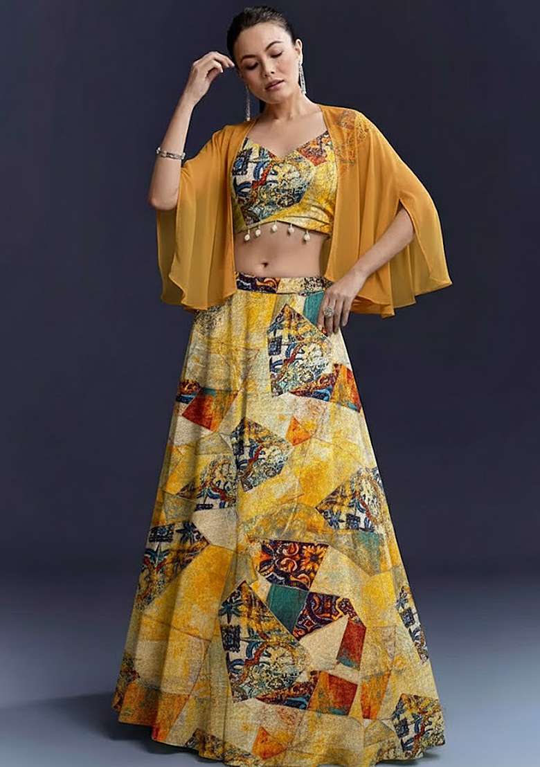 Yellow Velvet Abstract Print Lehenga Set - Indya