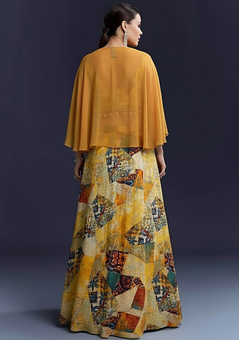 Yellow Velvet Abstract Print Lehenga Set - Indya