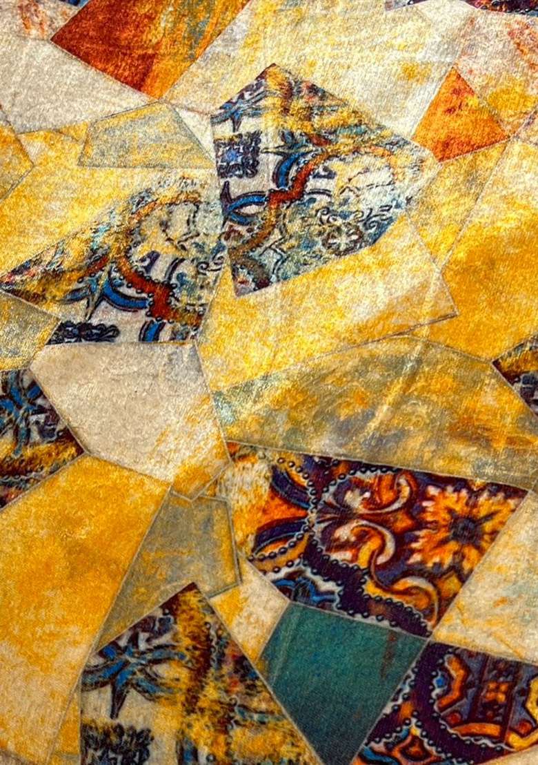 Yellow Velvet Abstract Print Lehenga Set - Indya
