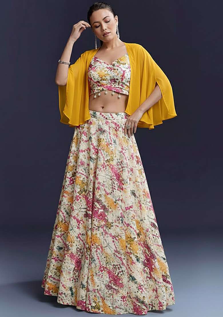 Off White Velvet Abstract Print Lehenga Set - Indya