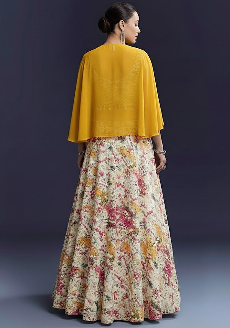 Off White Velvet Abstract Print Lehenga Set - Indya