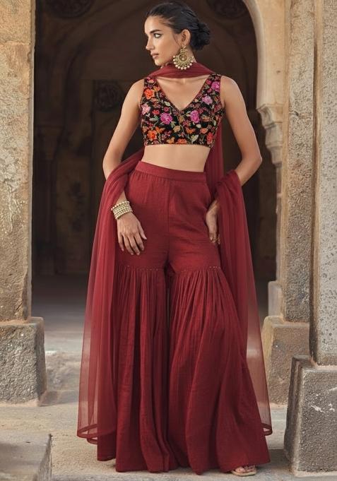 Deep Maroon Organza Fusion Set With Floral Printed Blouse